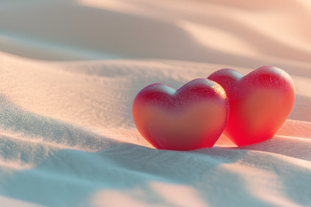 Romantic Red Heart Decoration on Sandy Beach with Sea and Sky Backgroundの素材