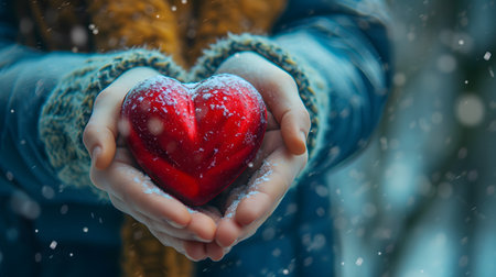 A gentle hand holds a red heart A symbol of love, care and celebration on Valentine's Day. A romantic gesture of giving and love relationships in lifeの素材