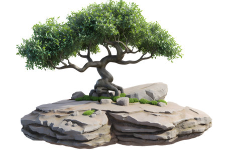 A tree with green leaves is growing on a bed of rocks.の素材
