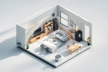 A 3D render of a modern living room with two couches, a coffee table, a potted plant, a bookshelf, and various decorative items. The image has a blue background.の素材
