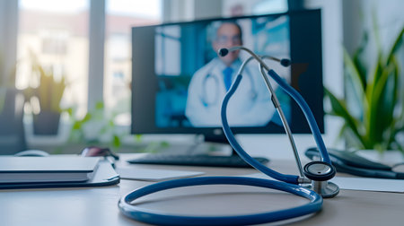A stethoscope is placed on a desk in the foreground, with a computer monitor in the background. On the monitor, there is a doctor with a headset on, speaking to someone.の素材