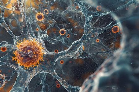 view of a neuron. The cell body of the neuron appears as a sphere, and it is connected to various tendrils that spread out like a spider's web.の素材