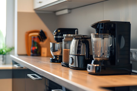 A kitchen counter with a coffee maker.の素材