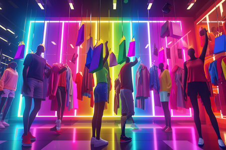 group of people in a room filled with clothing. There are multiple hanging clothing itemsの素材