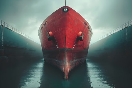 Ship in harbor, port, and sea with blue sky and waterの素材