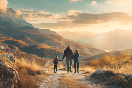 Family on mountain trail enjoying sunset adventureの素材