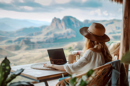 A woman working on her laptop amidst the beauty of nature while working remotelyの素材
