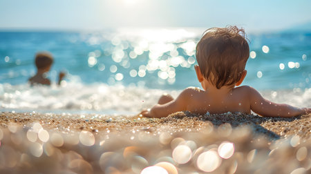 Children playing in the sea at the beachの素材