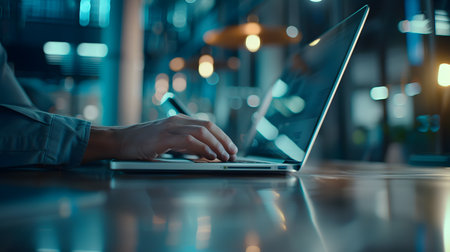 Close up of businesswoman hands typing on laptop keyboard in night officeの素材