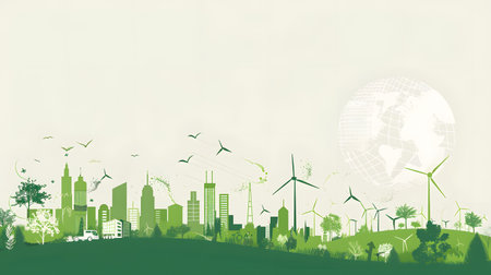 Ecology concept with green city and windmills. Vector illustration.の素材