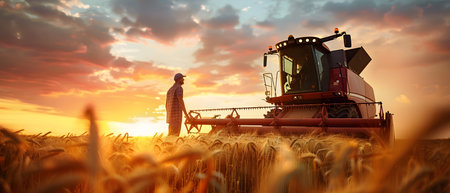Combine harvester working on wheat field at sunset. 3D renderingの素材