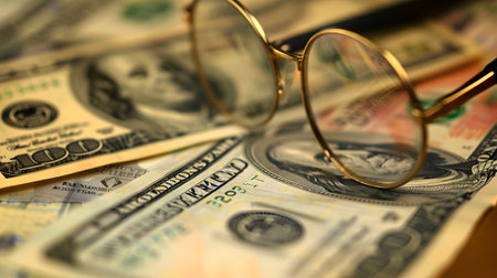 glasses on the background of the dollar banknotes, business conceptの素材