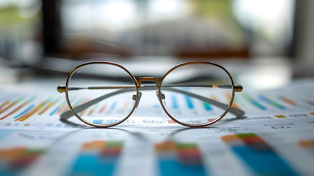 Glasses on the table with financial charts and graphs, business conceptの素材