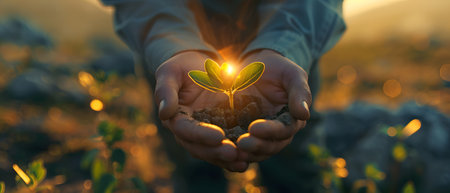 Close-up of male hands holding sprout in soil on sunset backgroundの素材
