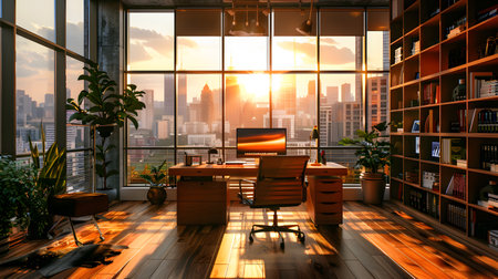 Office interior with a large window overlooking the city. 3d renderingの素材