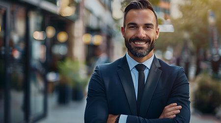Portrait of a handsome businessman standing with arms crossed in a street.の素材