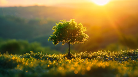 Lonely tree on the meadow at sunset, soft focusの素材