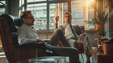 Two young businessmen sitting in armchairs and talking in modern office.の素材