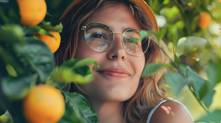 Portrait of a beautiful young girl with glasses on the background of citrus trees.の素材