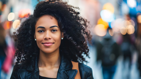 Beautiful african american woman with curly hairstyle in the cityの素材