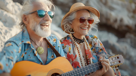 Portrait of happy senior couple playing guitar on the beach at summer dayの素材