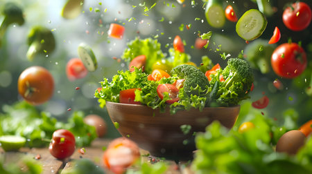 Vegetables falling into a bowl with flying tomatoes and cucumbersの素材