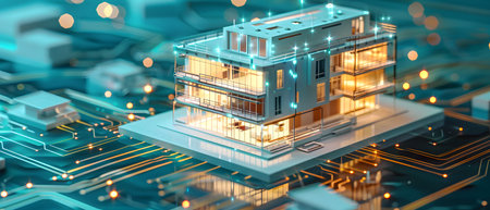 3D illustration of a modern building on a circuit board background.の素材
