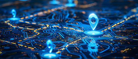 Drop point on electronic circuit board technology: computer chip hardware with blue designの素材