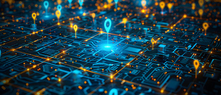 Drop point on electronic circuit board technology: computer chip hardware with blue designの素材