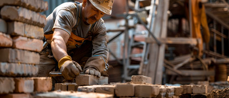 Carpenter working on a construction site, building a brick wallの素材