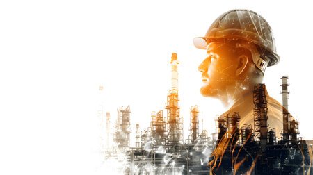 Double exposure of Engineer man and oil refinery. Concept of Energy industrial.の素材