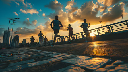 Silhouette of people jogging on the roadの素材