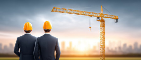 Engineer construction industry planning at sunset with crane and skyline inspiring teamworkの素材