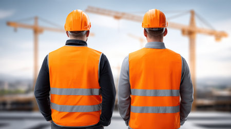 Construction industry workers wearing safety vest and hard hat site observing cranes with calmの素材