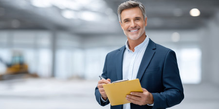 Middle aged man holding clipboard smiling modern industrial workspace industry professionalの素材