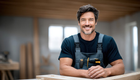 Carpenter workshop industry smiling craftsman with tool belt and drillの素材