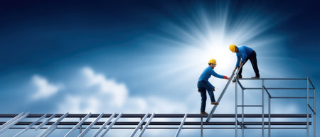 Construction industry workers installing steel roof frame under bright sunの素材