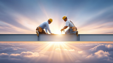 Construction worker on steel beam at sunrise industry teamwork safety helmet harnessの素材