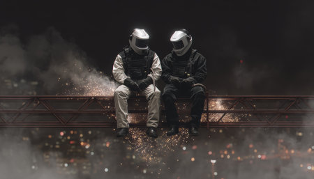 Two helmeted welders sitting on steel beam with sparks and night city industry skylineの素材