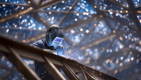 Welder industry worker welding metal structure with sparks and bokeh light atmosphereの素材