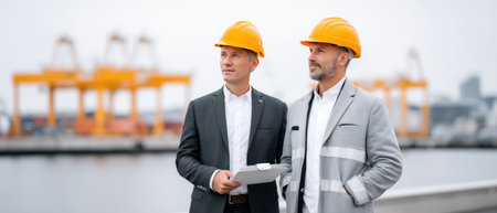 Project manager and site supervisor safety helmet inspecting harbor industry operations withの素材