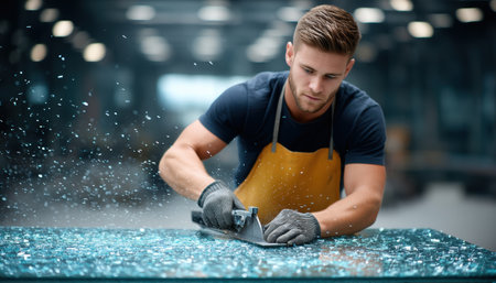 Male craftsman industry worker smoothing safety glass shards with scraper in factoryの素材