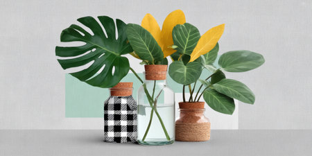Tropical leaf arrangement in glass and ceramic vases with cork accents, modern still life with green and yellow foliage evoking calm and eco styleの素材