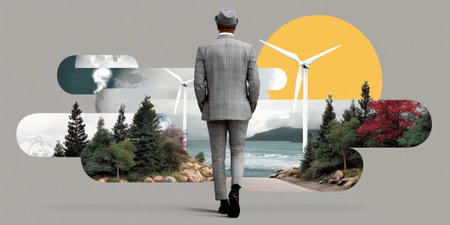 Man in suit walking toward coastal landscape with wind turbine and forest, serene modern environmental conceptの素材