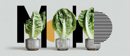 Fresh romaine lettuce planted in small concrete pots with modern geometric backdrop creating eco friendly minimalist still life sceneの素材