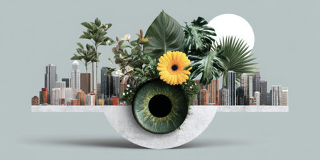 Green iris eye with city skyline and lush plants forming eco urban vision, hopeful composition blending nature and architectureの素材