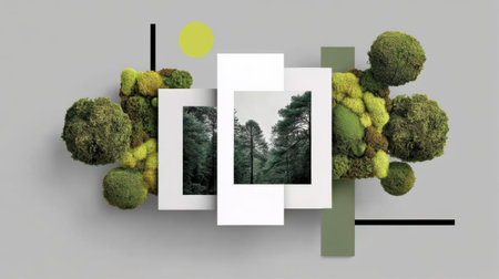 Lush green moss spheres and layered white frames showcase serene pine forest scene with minimalist geometric accents and eco conscious designの素材
