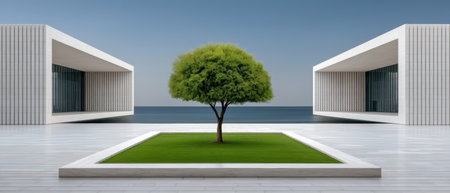 Lone green tree in minimalist courtyard by sea with modern concrete pavilions and calm sky conveying serenity and balanceの素材
