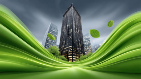 Green ribbon wave flows through modern cityscape with leaves and sustainable urban skyline illuminated at duskの素材