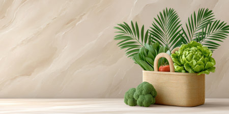 Fresh green vegetables in wicker basket with palm leaves evoke eco friendly market harvest joyの素材